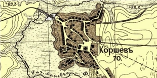 Ринок, церква, водяний млин: село Коршів під Луцьком на мапі 1886 року