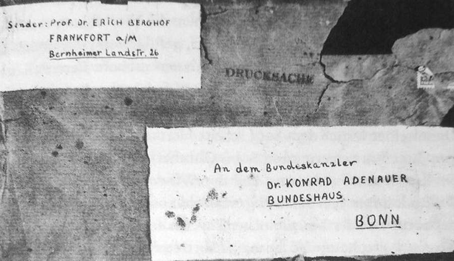 Адреса на пакунку, тут і далі усі зображення з книги Attentat auf Adenauer, Henning Sietz, якщо не вказано інше