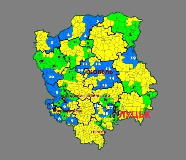 Зеленим кольором та літерами позначено ОТГ, де вибори заплановані на 29 жовтня 2017 року

Синій кольором та цифрами позначені ОТГ, де вибори вже відбулися