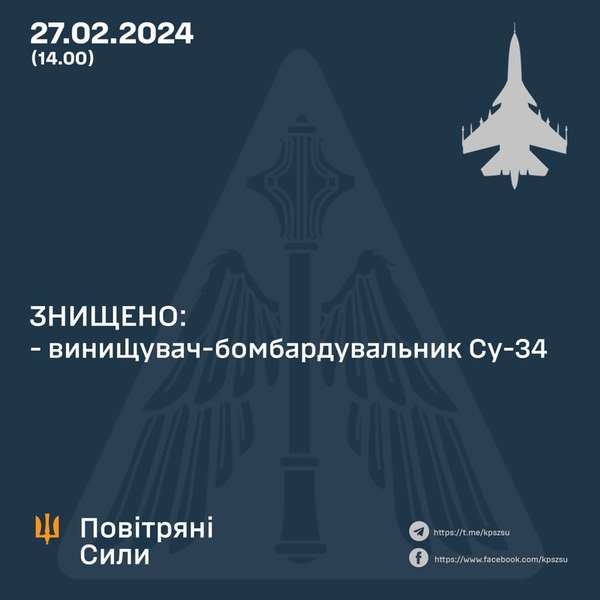 Повітряні сили знищили другий за день російський Су-34