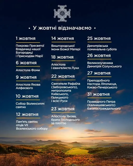 Церковний календар на жовтень: головні свята та дні пам’яті