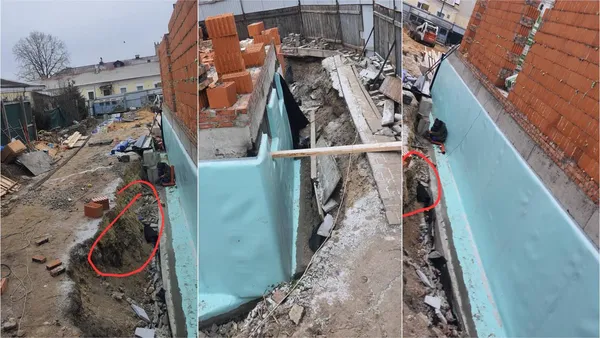 Залишки старої цегляної кладки по периметру цокольного поверху. Лютий 2025 року