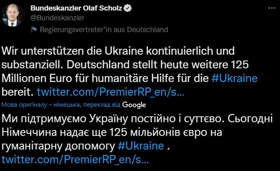 Німеччина виділяє Україні 125 мільйонів євро на гумдопомогу, – Шольц