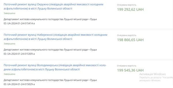 Скриншот з Prozorro