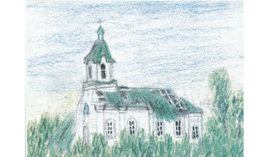 Покровська церква після бурі без даху на малюнку Ірини Левчанівської