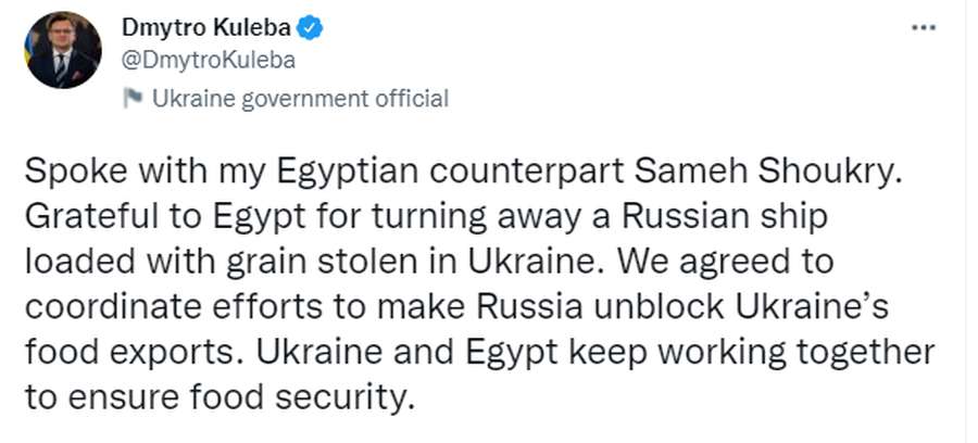 Єгипет розвернув російське судно з викраденим українським зерном, – Кулеба