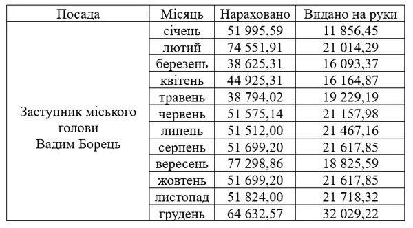 Заробітна плата Вадима Бореця