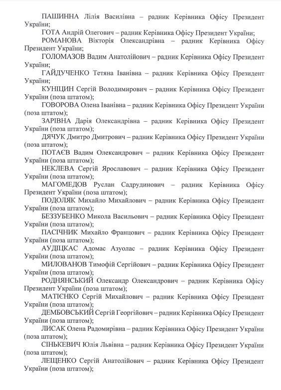 Арестовича немає в офіційному переліку радників глави Офісу Президента (документ)
