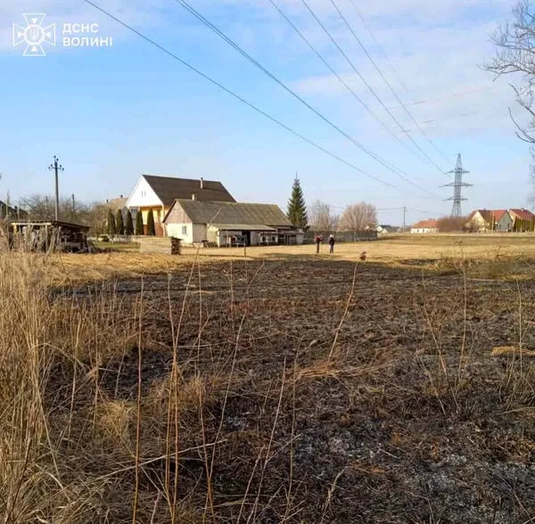 Пожежа сухої трави на Волині ледь не зачепила будівлі поряд (фото)