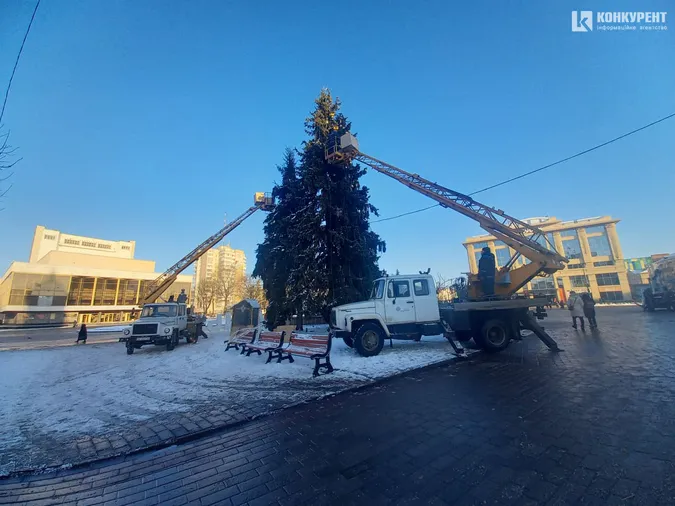 У центрі Луцька з ялинок знімають гірлянди та іграшки (фото)
