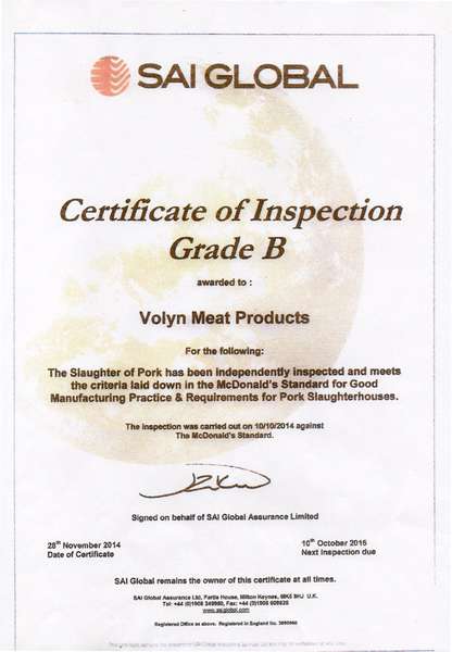 Нововолинський м’ясокомбінат отримав сертифікат якості SAI Global