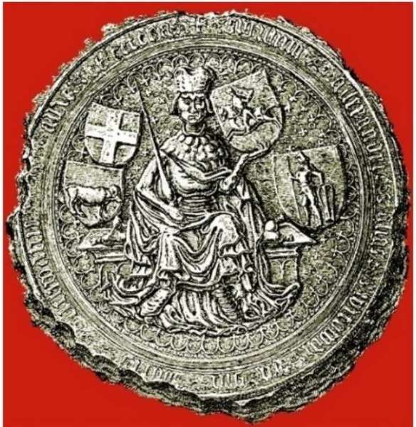 Велика печатка Вітовта з гербами Литви (погоня), Троків (піхотинець), Жмуді (ведмідь) і Русі (хрест), 1407 р.