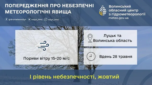 Пориви до 20 м/с: волинян попереджають про негоду