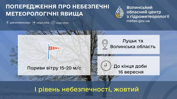Пориви вітру – до 20 м/с: на Волині оголосили «жовтий» рівень небезпечності