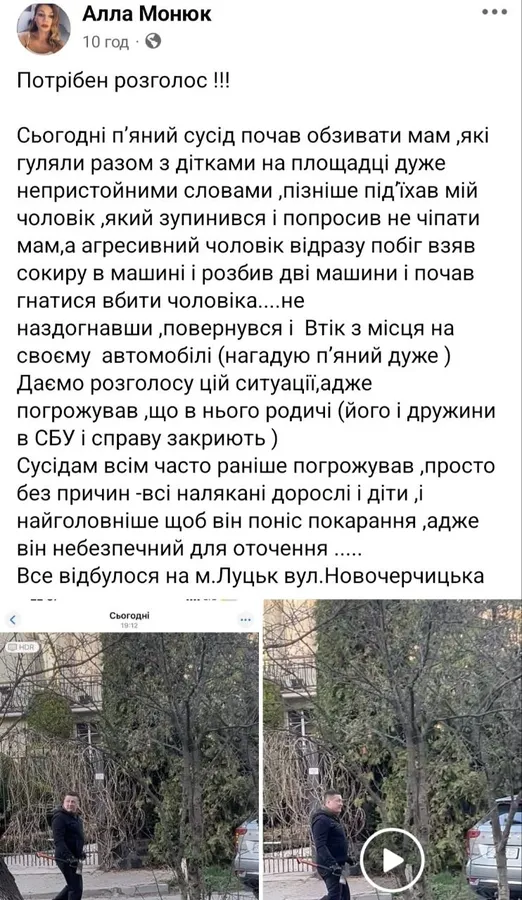 У Луцьку п'яний дебошир сокирою розтрощив машини сусідам (відео)