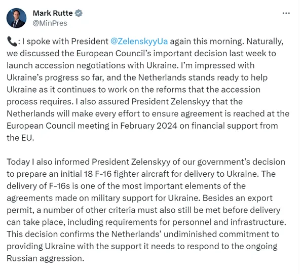Нідерланди готують до передачі Україні 18 винищувачів F-16