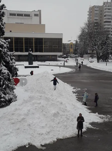 У центрі Луцька діти підкоряли величезну гору снігу (фото)