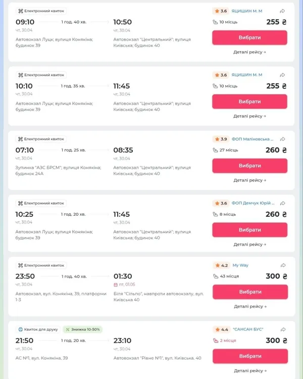 Вартість квитків до Рівного