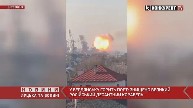 У Бердянську знищили десантний корабель окупантів: решта кораблів залишають порт (відео)