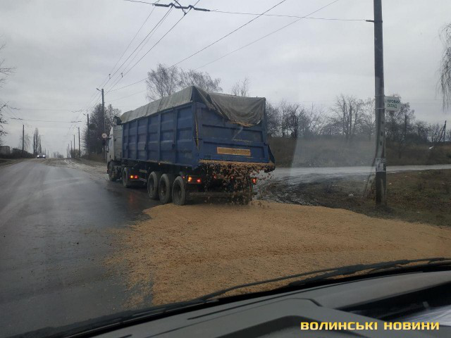 У Луцьку на дорогу з вантажівки випадково висипали майже 20 тонн жому
