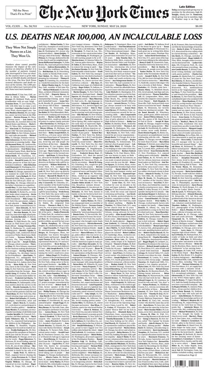 New York Times відвела першу шпальту газети іменам жертв COVID-19​​​​​​​ в США