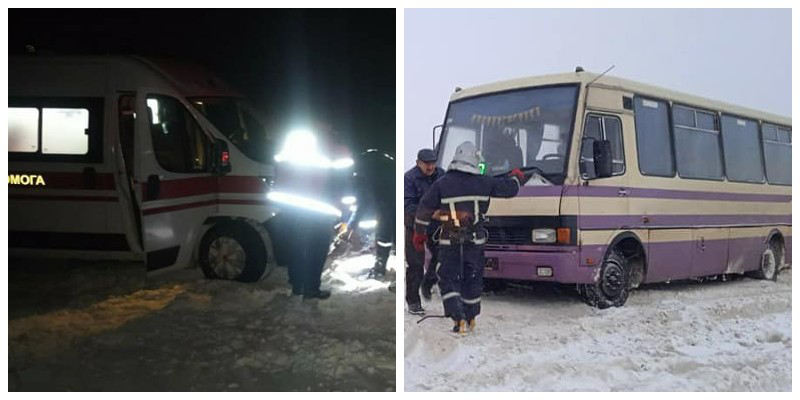 На Волині автобус з пасажирами і «швидка» з пацієнткою застрягли у снігових заметах (фото, відео)