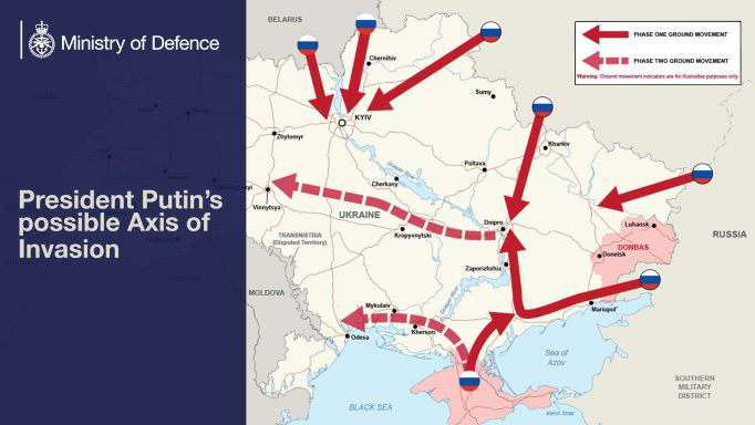 Міноборони Британії оприлюднило карту можливого сухопутного вторгнення Росії в Україну