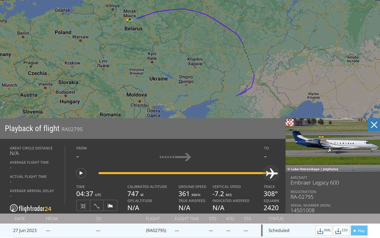 Літак Пригожина приземлився у Білорусі (відео)